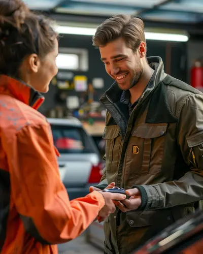 Customer receiving car keys at auto shop
